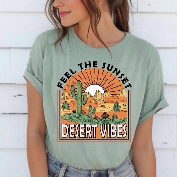 Desert Vibes Feel The Sunset T-Shirt Women Cactus Western Boho Tee Shirt Gift - Picture 1 of 5
